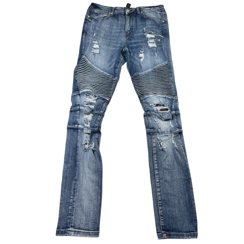 Forever 21 Jeans Mens 31 Blue Denim Cotton Stretch Embellish Distressed Mid-Rise